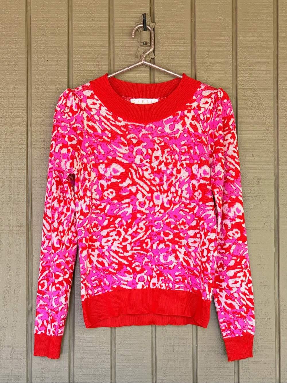 Karlie Pink & Red Leopard Cheetah Puff Sleeve Knit Sweater Size Small
